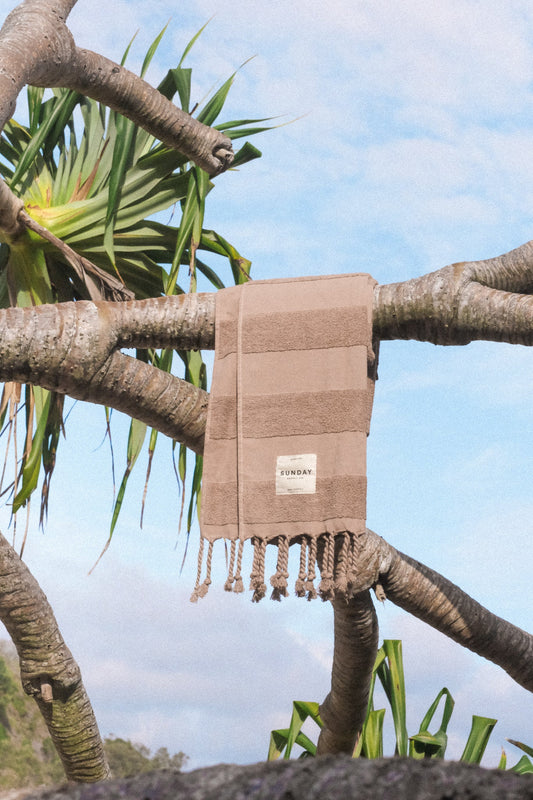 Cotton beach towel hanging from a tree near the coast