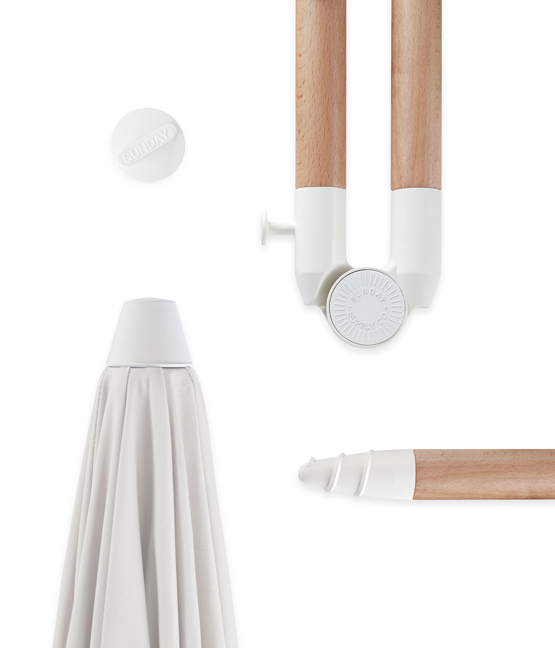 Close up on a Sunday Supply Co beach umbrella's joints and hardware details