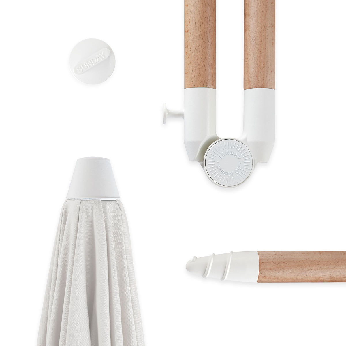 Close up on a Sunday Supply Co beach umbrella's joints and hardware details.